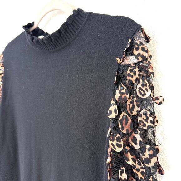 Sioni Milano Black Sweater Leopard Lace Appliqué Sleeve Detail Size L Chic Glam - Picture 2 of 6